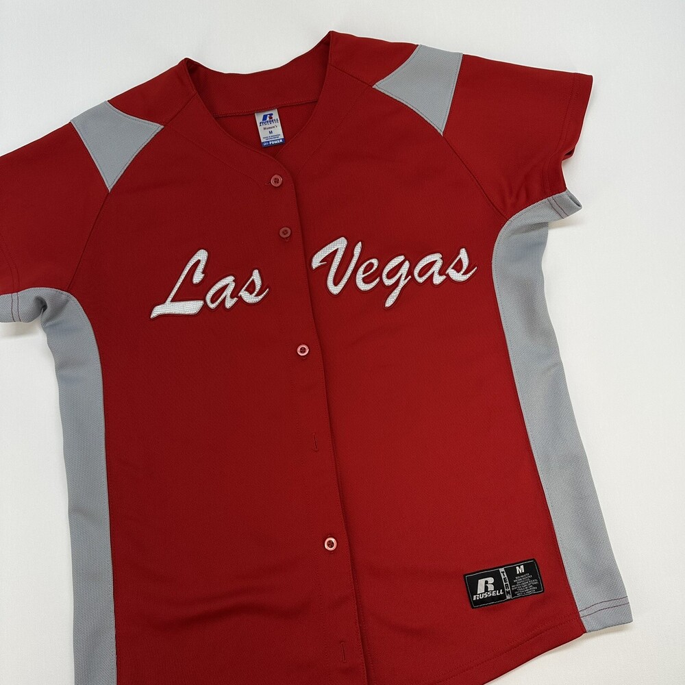 Las Vegas Baseball Jersey Button Up Women’s Medium Red/Grey ⚾️⚾️ Russell Dri